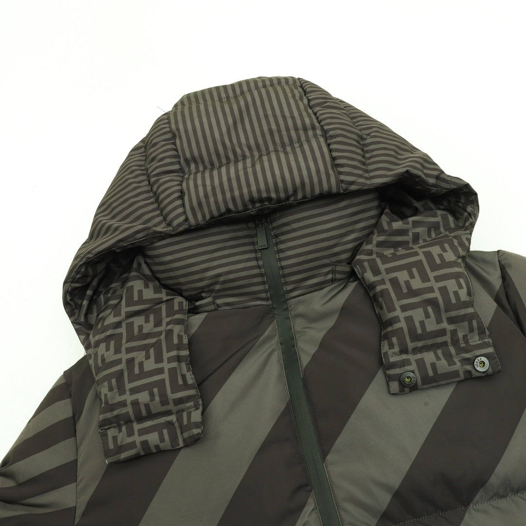 Fendi puffer jacket hood with FF logo print at inner yoke and striped outer panels