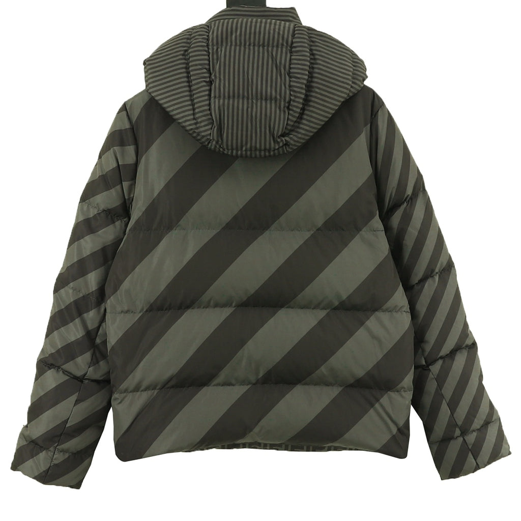 Back view of Fendi long puffer jacket with striped diagonal panels and attached hood