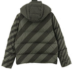 Back view of Fendi long puffer jacket with striped diagonal panels and attached hood