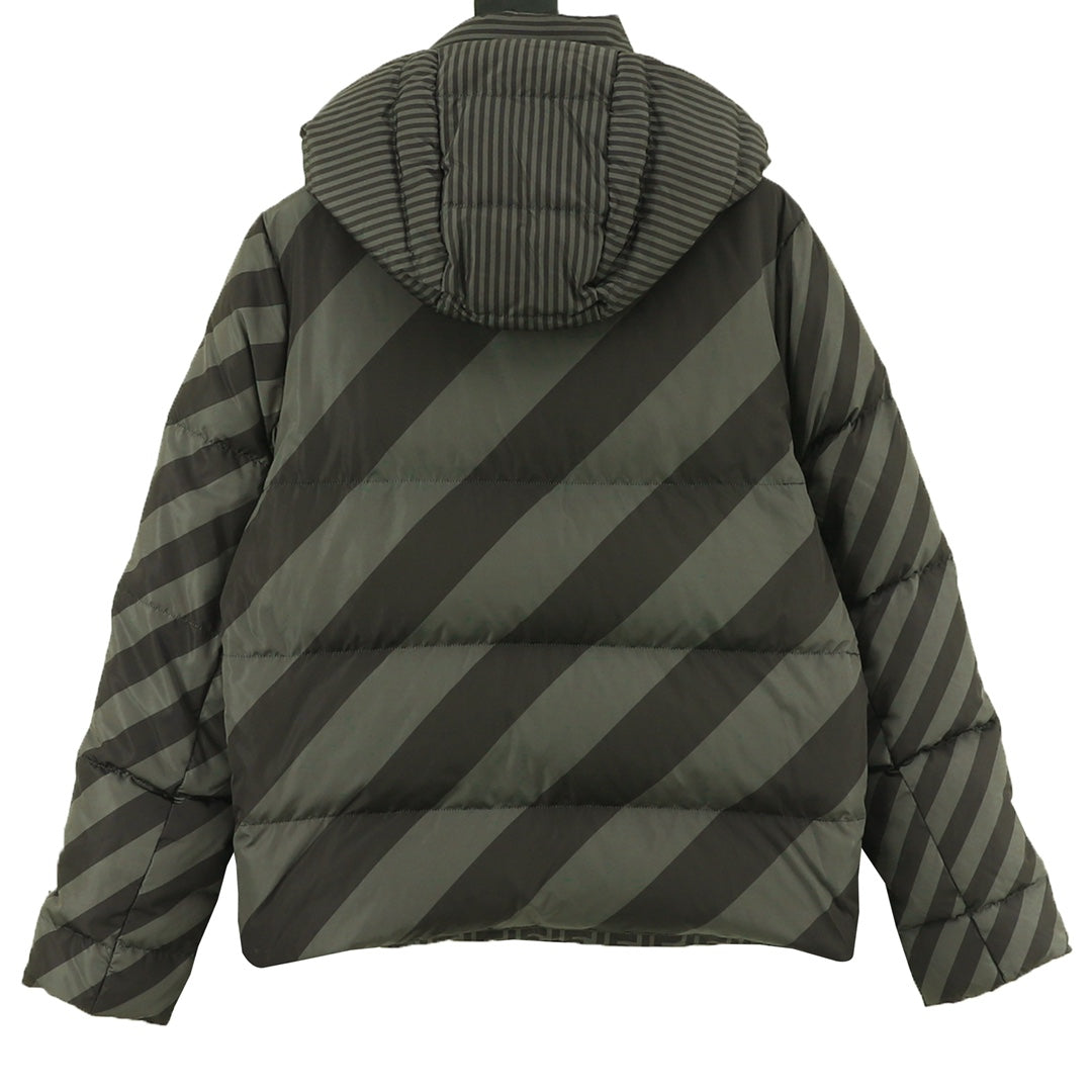 Back view of Fendi long puffer jacket with striped diagonal panels and attached hood