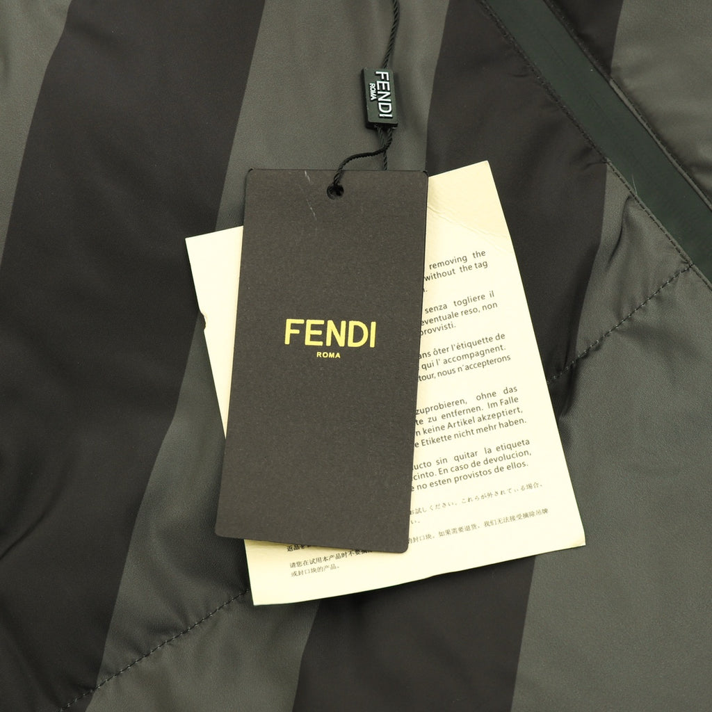 Fendi puffer jacket with hanging tags attached to the inner hood and front panel