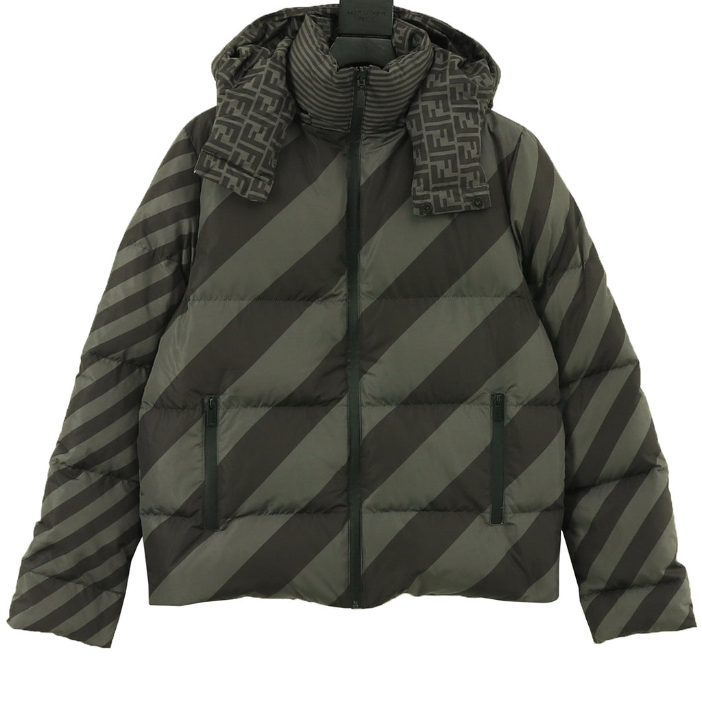 Fendi long puffer jacket with striped diagonal paneling and hood, dark green and black