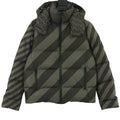 Fendi long puffer jacket with striped diagonal paneling and hood, dark green and black