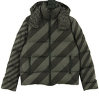 Fendi long puffer jacket with striped diagonal paneling and hood, dark green and black