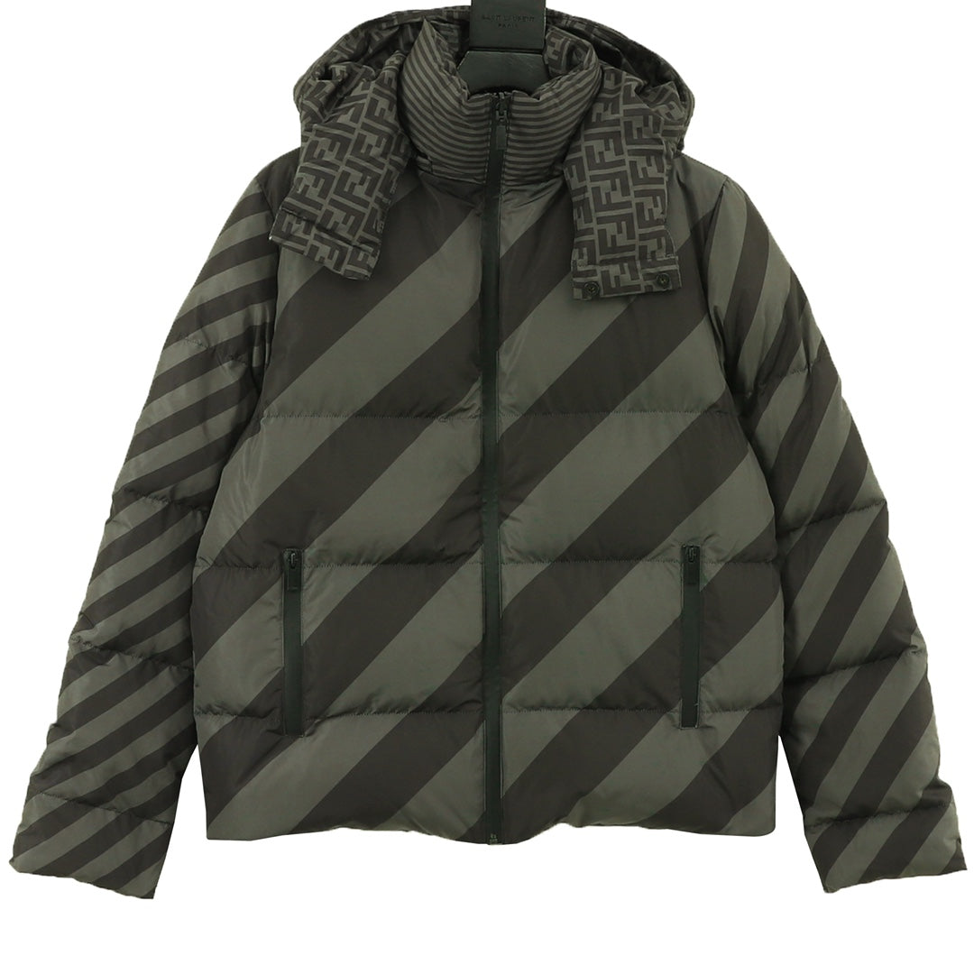 Fendi long puffer jacket with striped diagonal paneling and hood, dark green and black