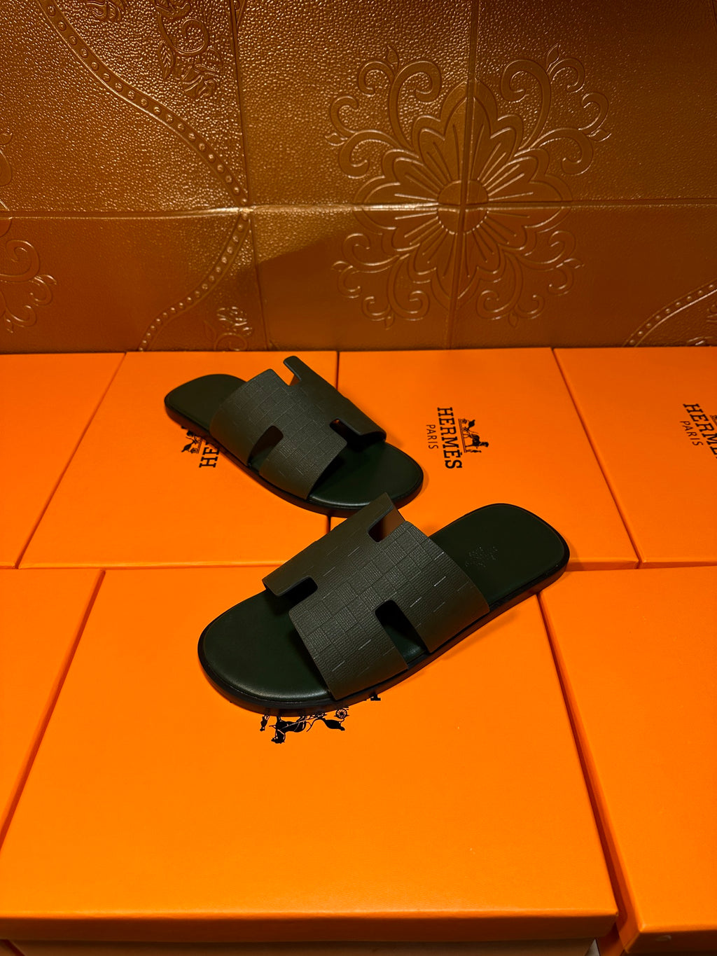 Hermes slide sandals, dark green open-toe slides with wide H-style strap