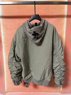 Olive green zip-up hoodie jacket with hood and logo graphic on back
