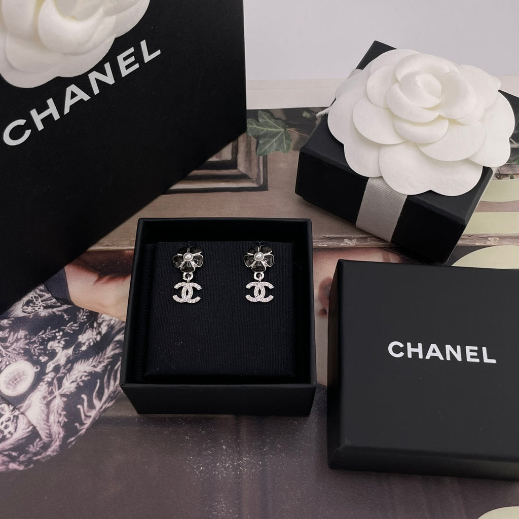 Chanel earrings in black gift box, silver flower studs with faux pearl and CC charms