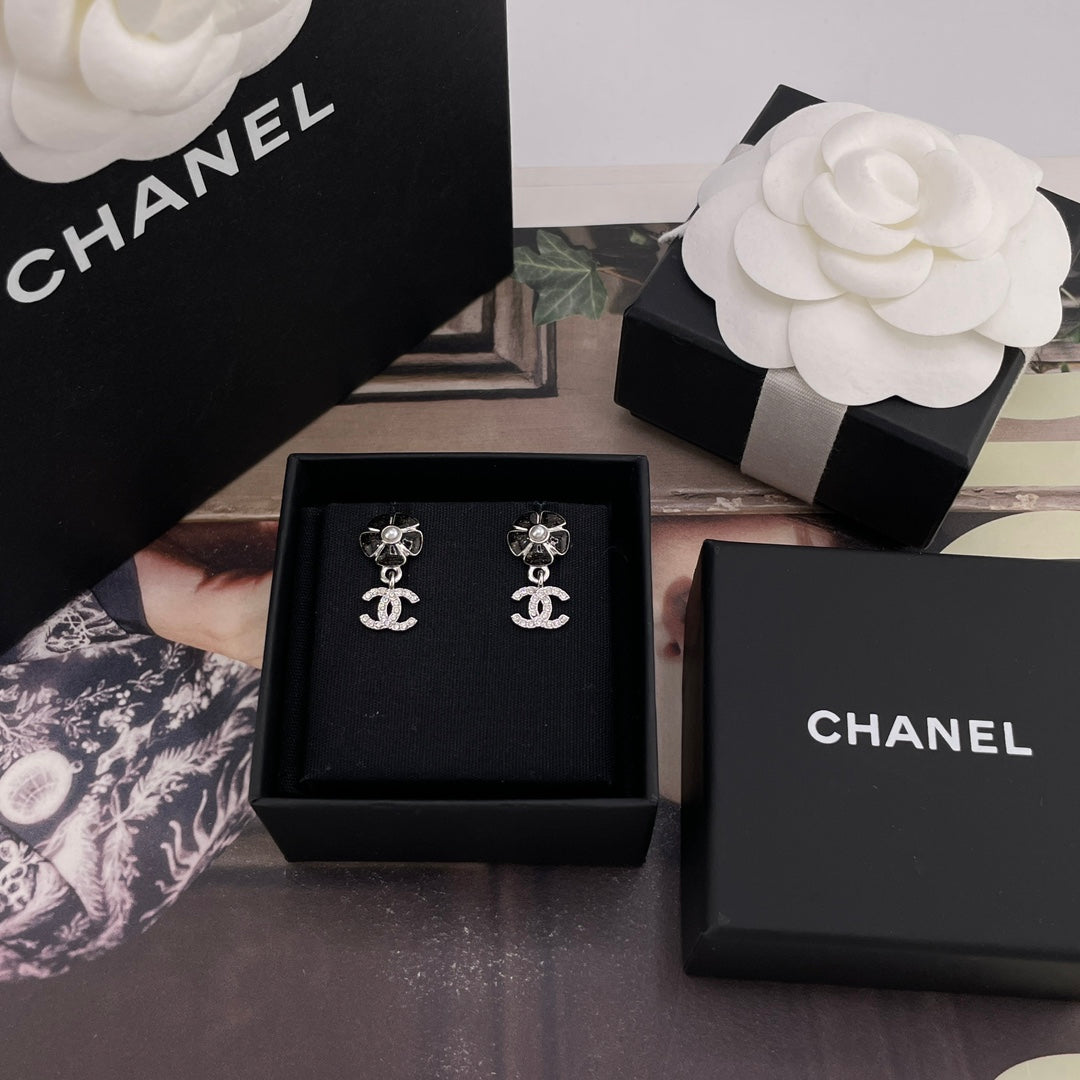 Chanel earrings in black gift box, silver flower studs with faux pearl and CC charms