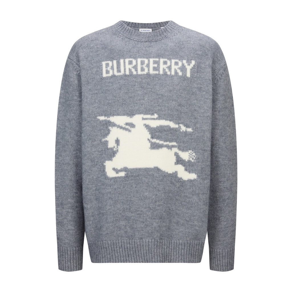 Gray long-sleeve knit sweater with “BURBERRY” text and white horse graphic.
