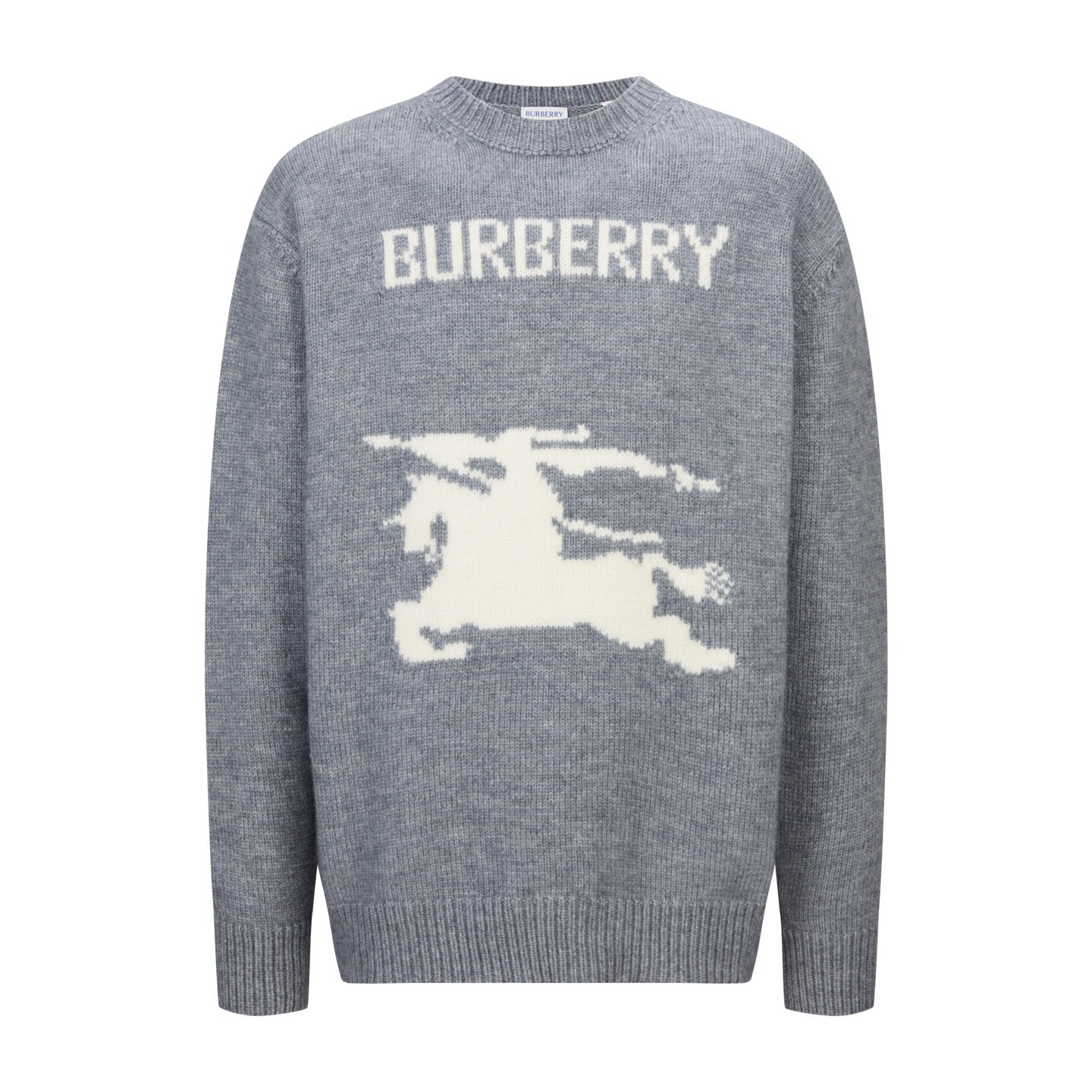 Gray long-sleeve knit sweater with “BURBERRY” text and white horse graphic.