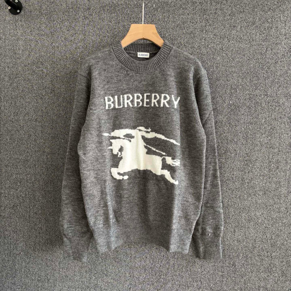 Gray crewneck knit sweater with BURBERRY text and white horse graphic on front