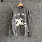 Gray crewneck knit sweater with BURBERRY text and white horse graphic on front