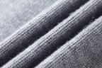 Close-up of gray knit fabric texture and ribbed trim on sweater.