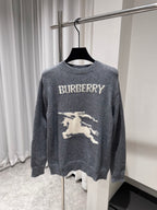 Gray crewneck knit sweater with BURBERRY text and white horse graphic on front