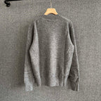 Gray crewneck knit sweater, plain back with ribbed hem and cuffs