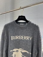 Grey knit sweater with BURBERRY text and horse graphic below, crew neck