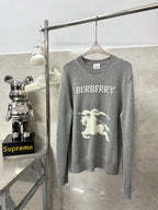 Gray crewneck knit sweater with BURBERRY wordmark and white horse graphic