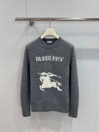 Gray Burberry sweater on hanger with crew neck and horse graphic