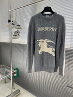 Grey knit sweater with BURBERRY text and large horse graphic