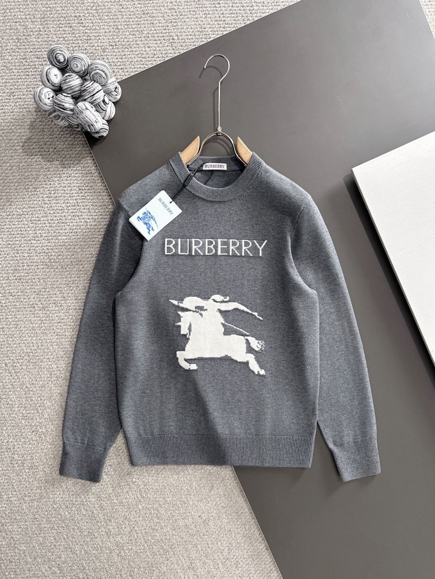 Burberry crewneck knit sweater, dark gray with horse logo on front
