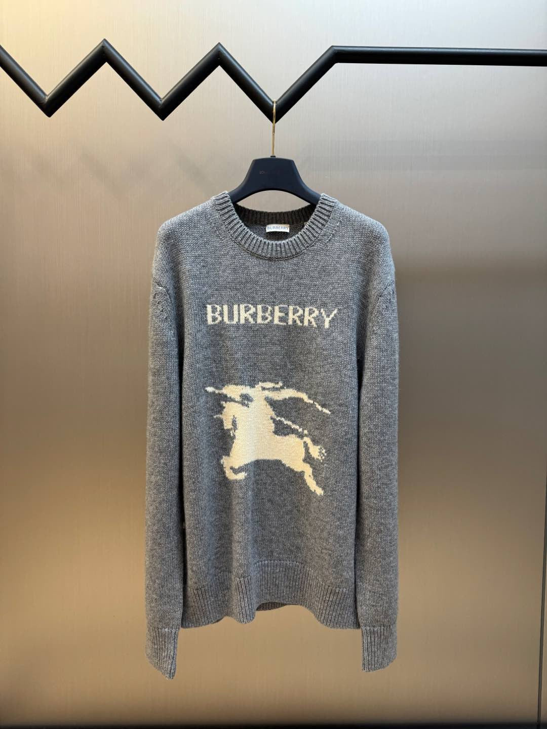 Burberry crewneck knit sweater, dark gray with horse emblem and logo text