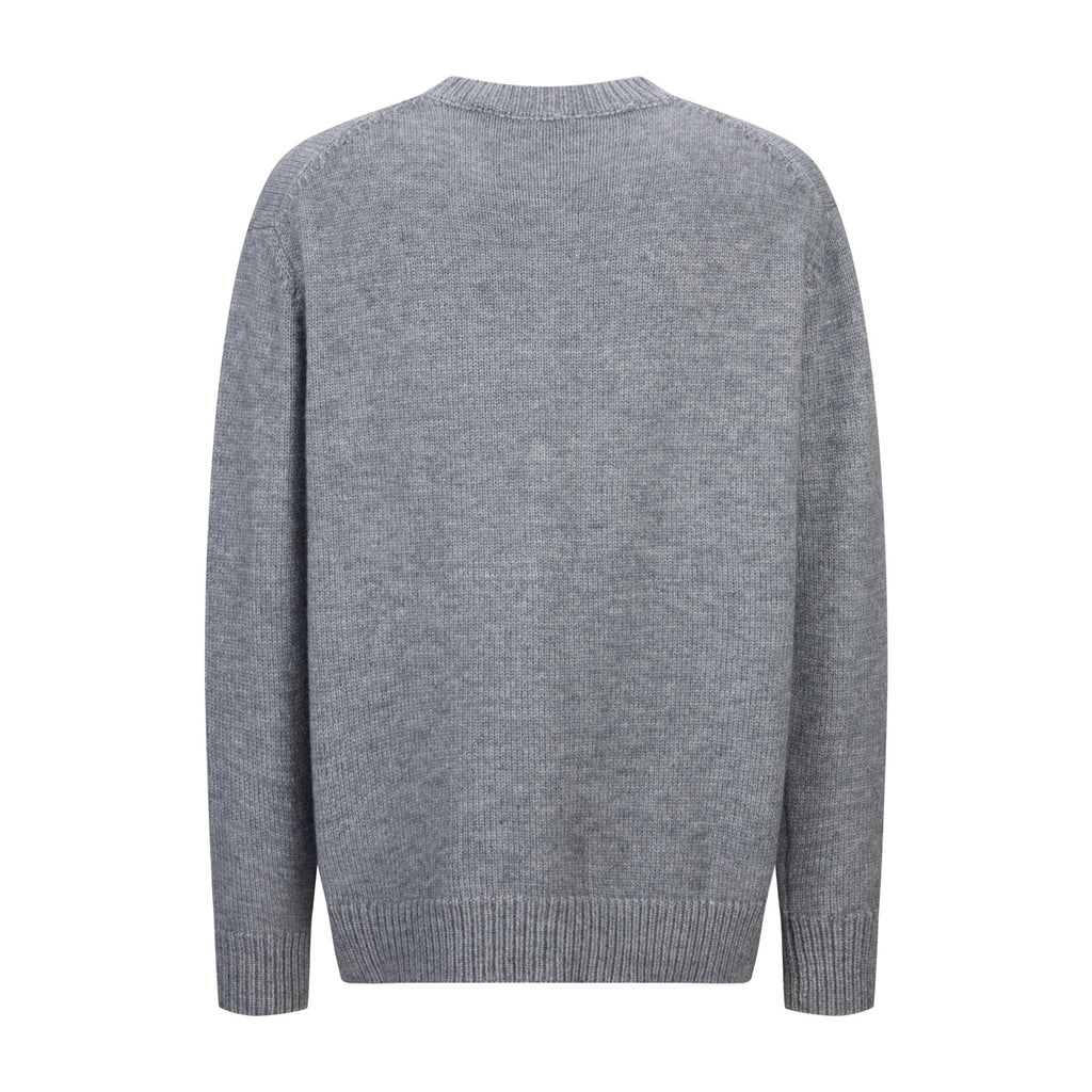 Gray crewneck knit sweater with long sleeves, plain back view.