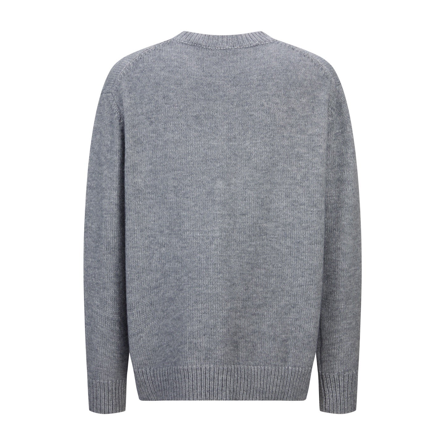 Gray crewneck knit sweater with long sleeves, plain back view.
