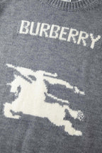 Grey knit sweater with BURBERRY text and horse graphic on the chest