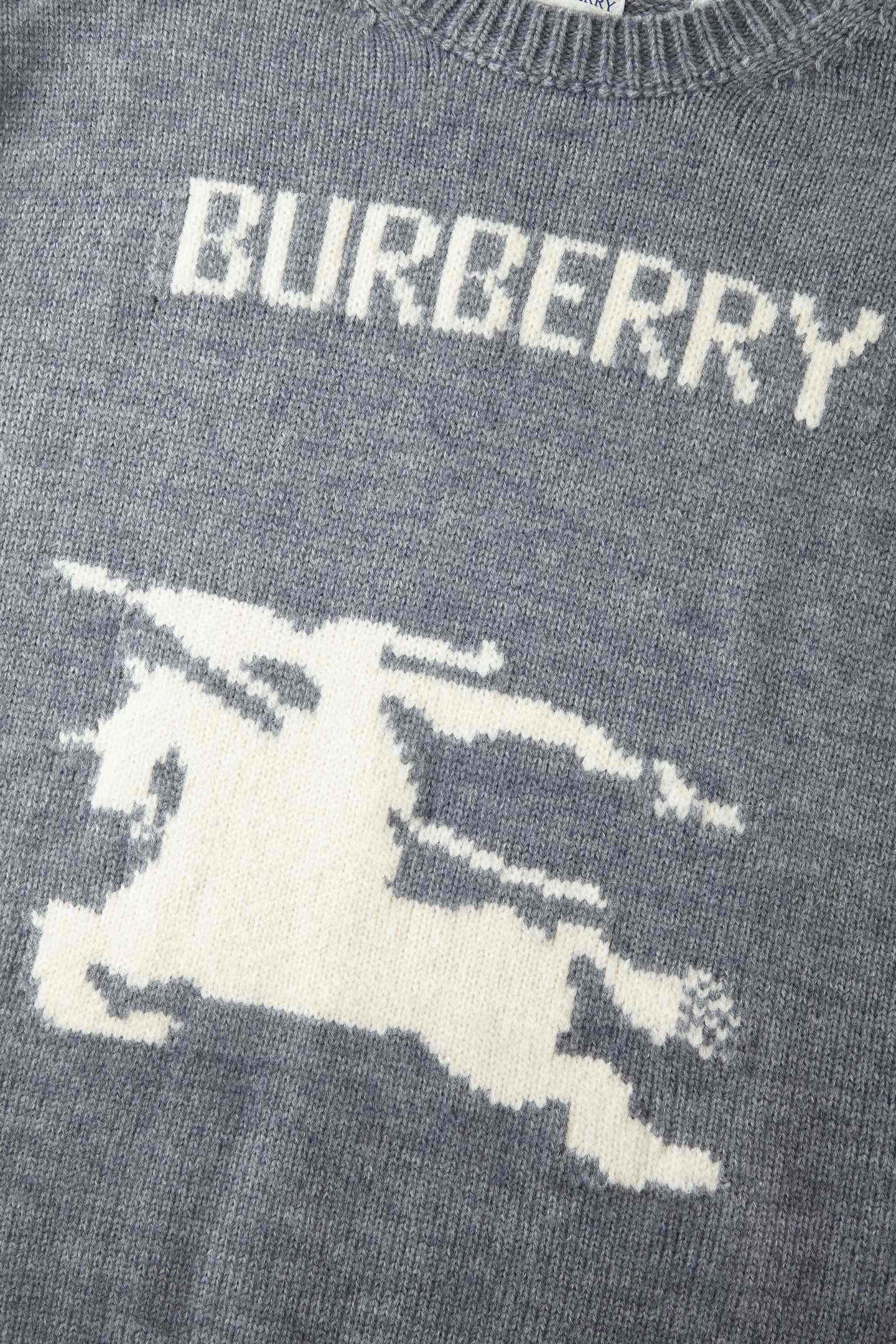 Grey knit sweater with BURBERRY text and horse graphic on the chest