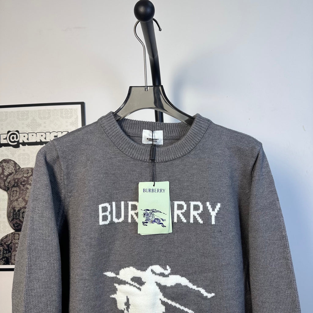 Gray Burberry knit sweater front with crew neck and large horse graphic