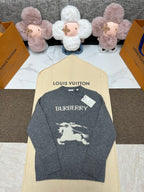 Grey knit sweater with BURBERRY text and horse graphic, crew neck