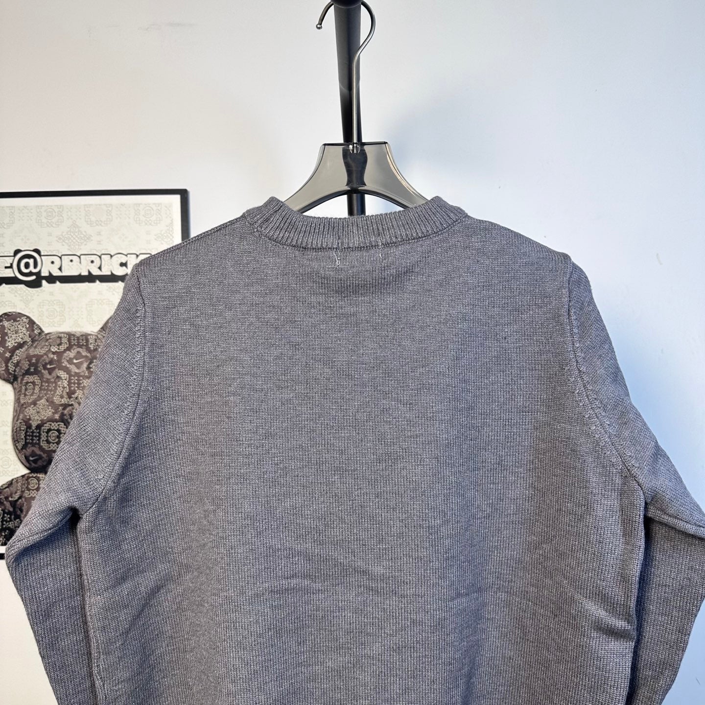 Gray Burberry knit sweater plain back with ribbed crew neck and long sleeves