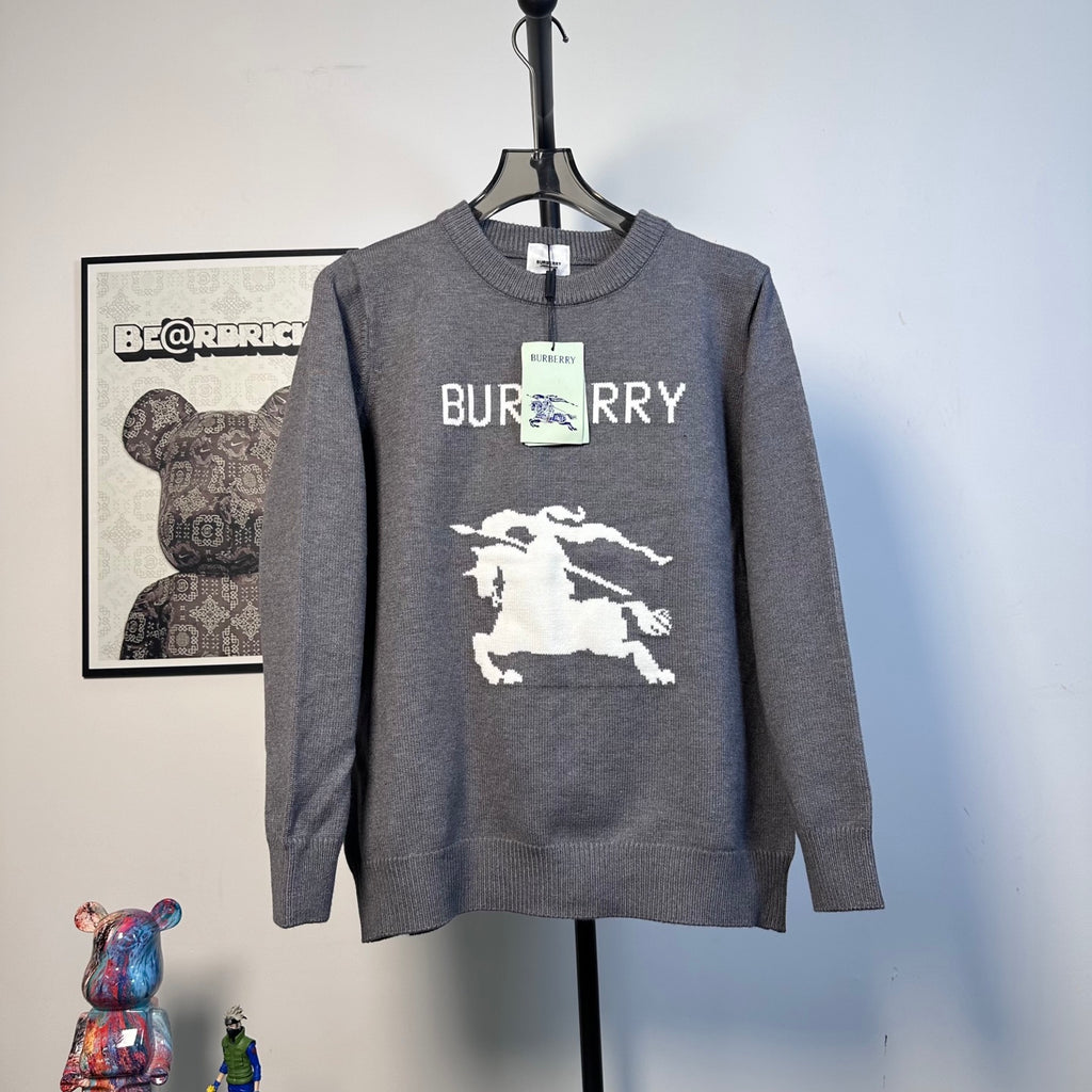 Gray Burberry knit sweater with crew neck, long sleeves, horse logo graphic front