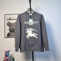 Gray Burberry knit sweater with crew neck, long sleeves, horse logo graphic front