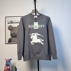 Gray Burberry knit sweater with crew neck, long sleeves, horse logo graphic front