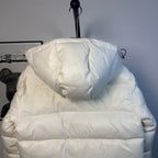 Moncler long puffer jacket back hood close-up with horizontal quilting