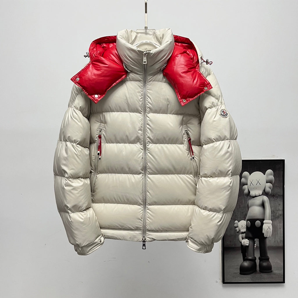 Long puffer jacket with hood, white body and red glossy shoulder panels, zip front