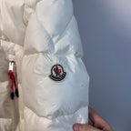 Moncler long puffer jacket, white exterior with Moncler logo patch on chest