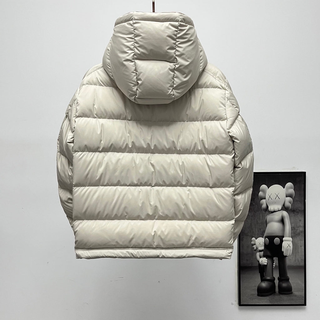 Long puffer jacket back view, white quilted puffer with attached hood