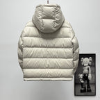 Long puffer jacket back view, white quilted puffer with attached hood