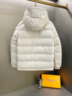 White long puffer jacket hood with back yoke and quilted panels