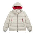 Moncler long puffer jacket, white with red inner hood and front zip
