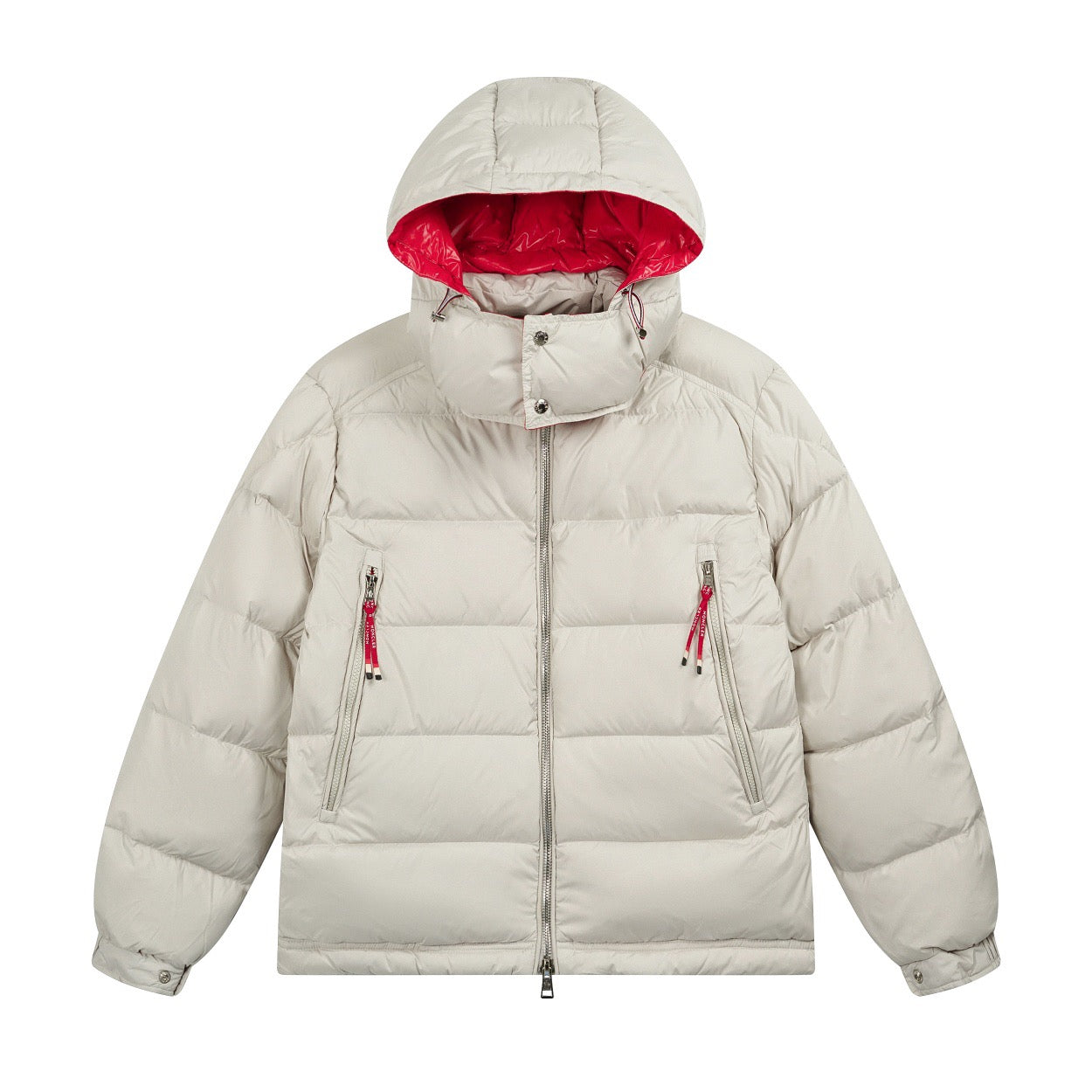 Moncler long puffer jacket, white with red inner hood and front zip