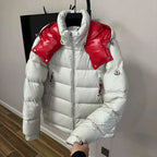 Long puffer jacket on hanger, white insulation with red shoulder panels and front zip