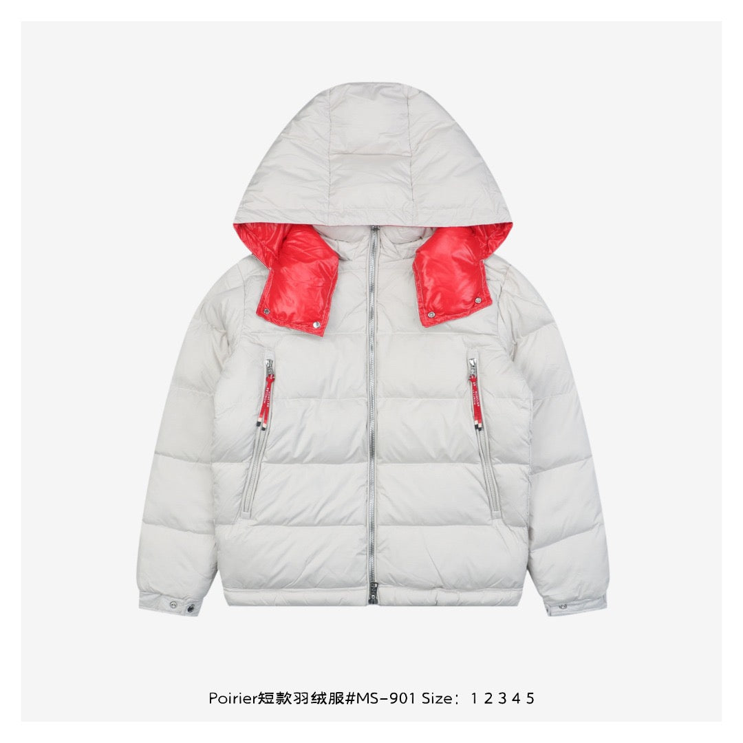 White long puffer jacket with red inner hood lining and zip front
