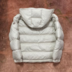 Moncler long puffer jacket, white padded back with hood and elastic cuffs