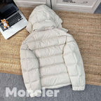 Moncler long puffer jacket, white back view with hood and quilted padding