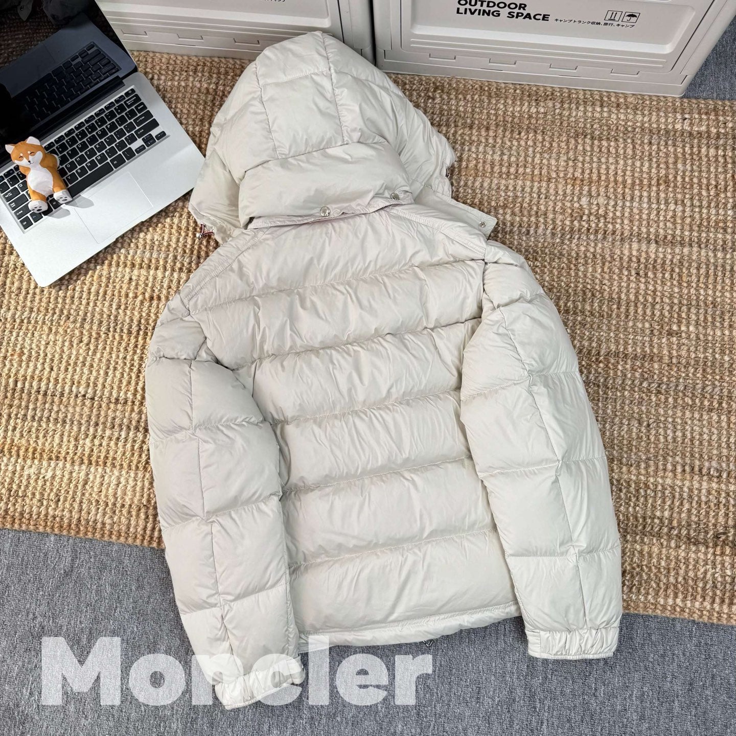 Moncler long puffer jacket, white back view with hood and quilted padding