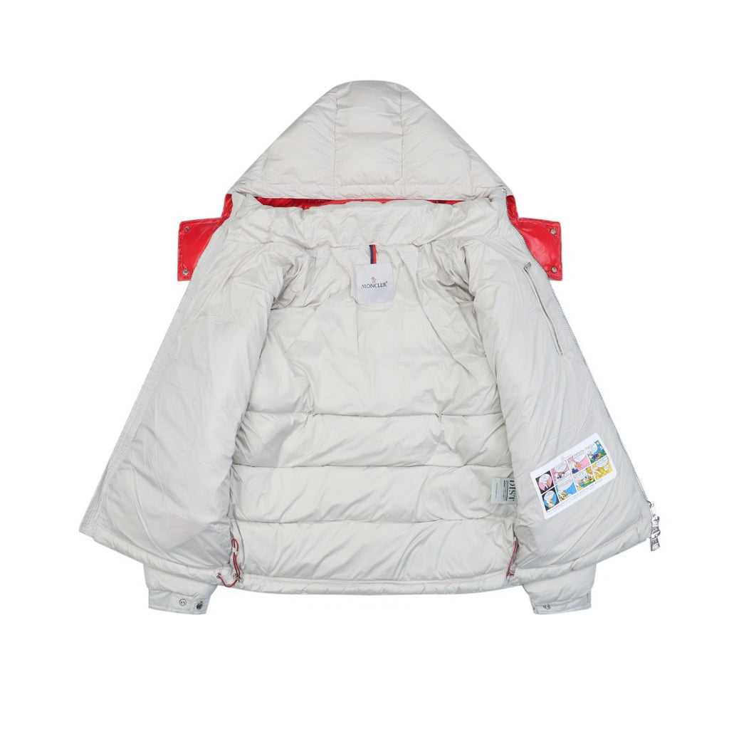 White long puffer jacket back panel with red cuffs and hood lining
